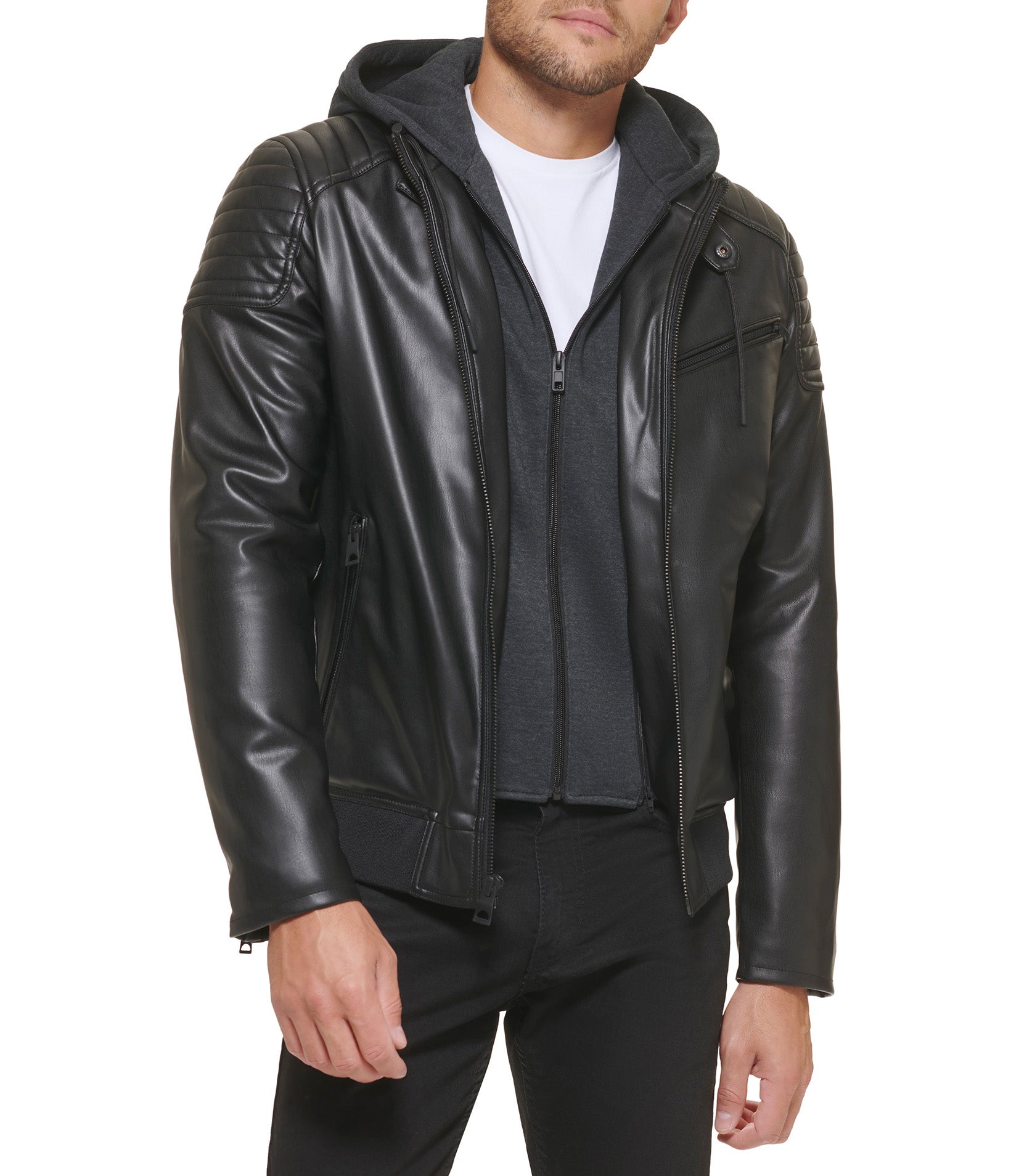 Guess men's faux leather hooded moto jacket best sale