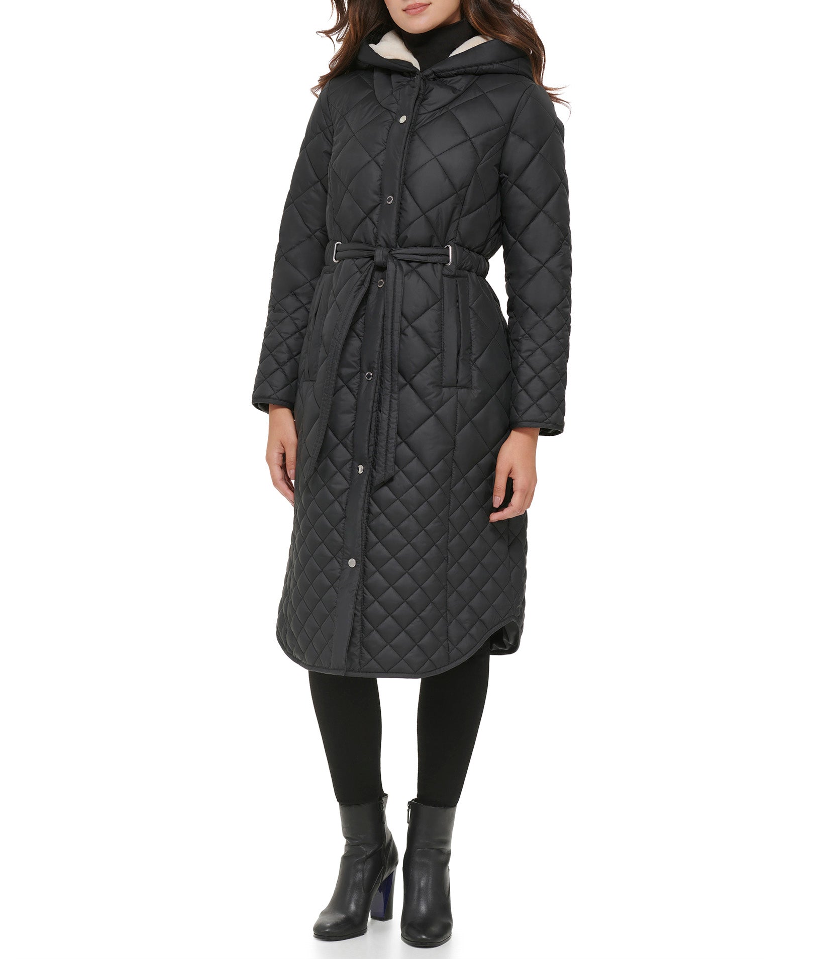 Belted quilted long jacket With Faux Sherpa Lining