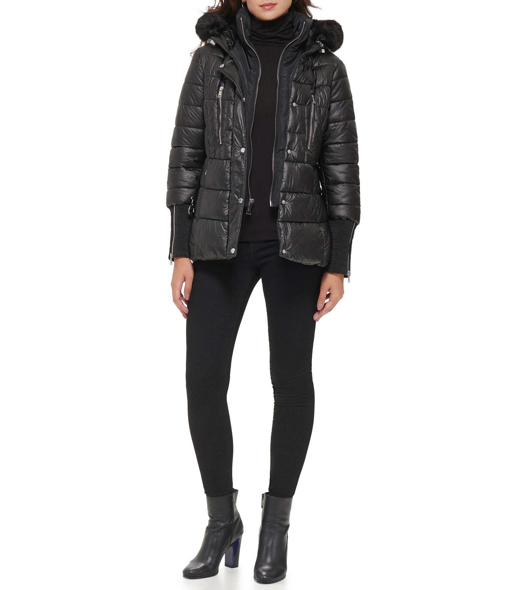 Apres Ski Crinkle Metallic Belted Coat With Hood