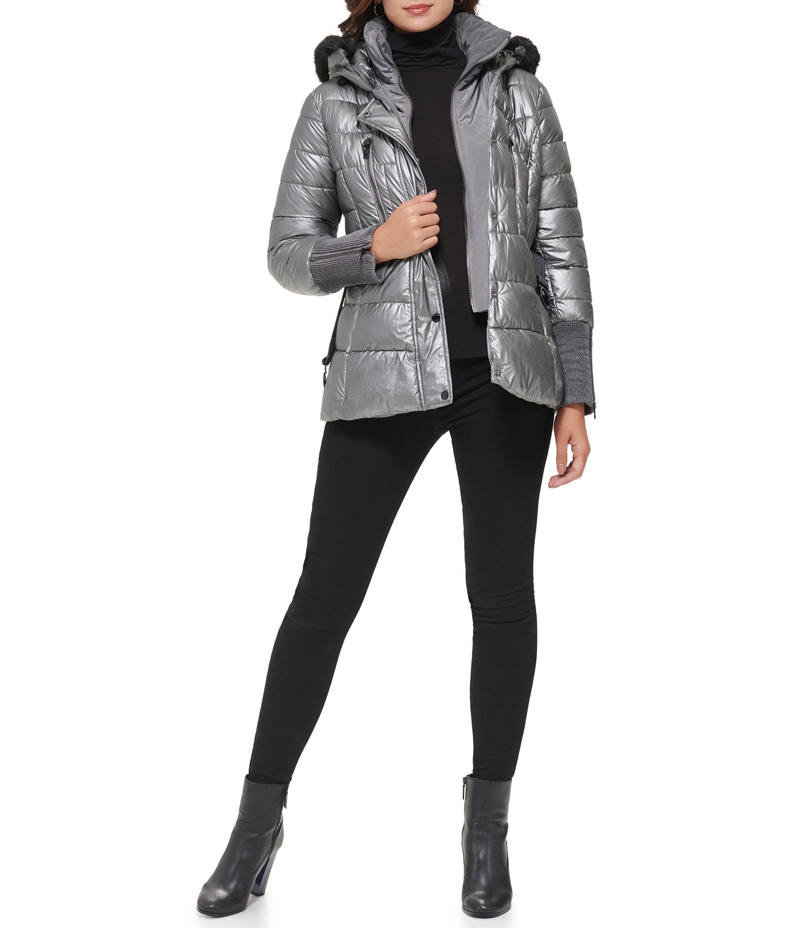 Apres Ski Crinkle Metallic Belted Coat With Hood