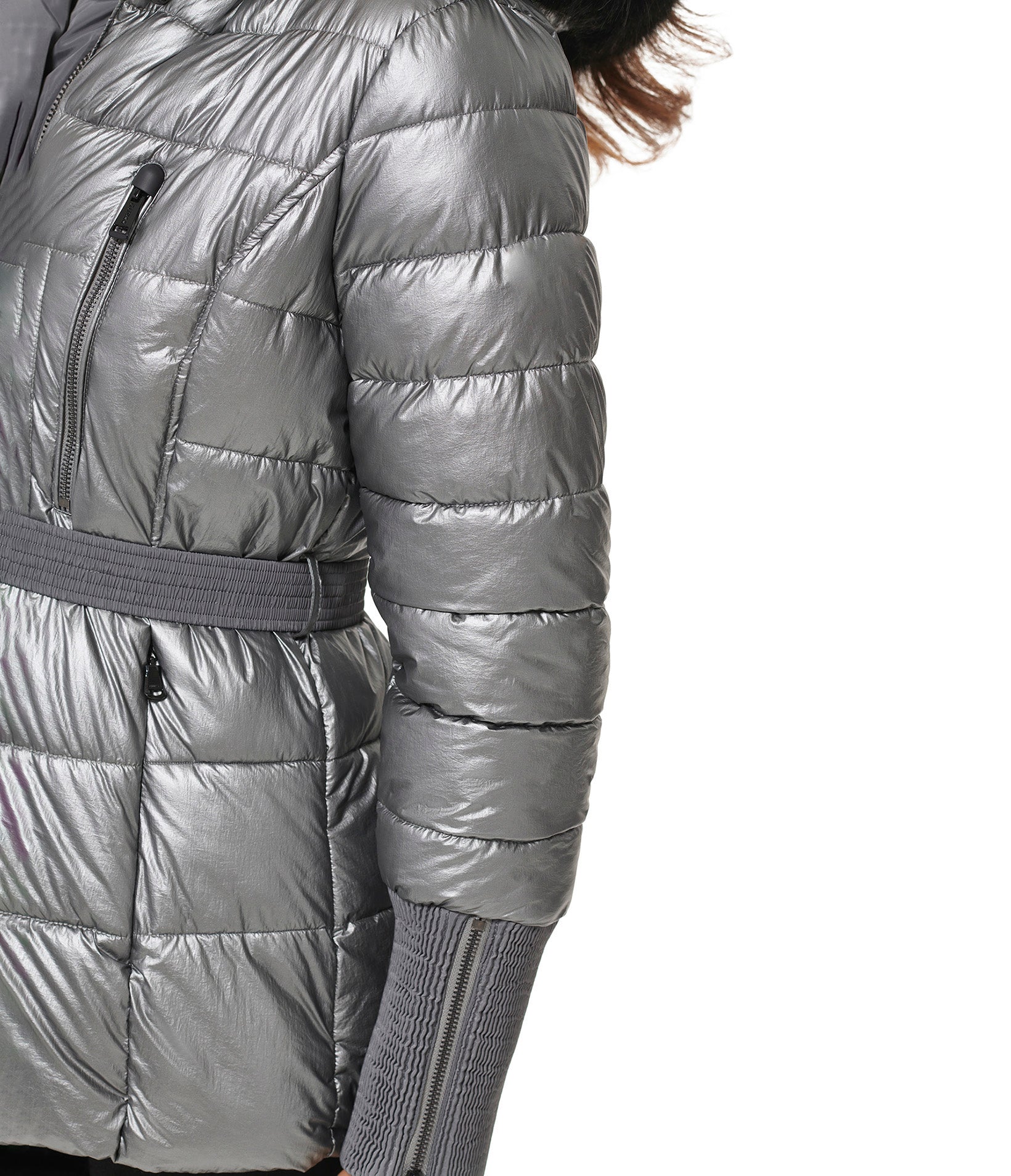 Apres Ski Crinkle Metallic Belted Coat With Hood