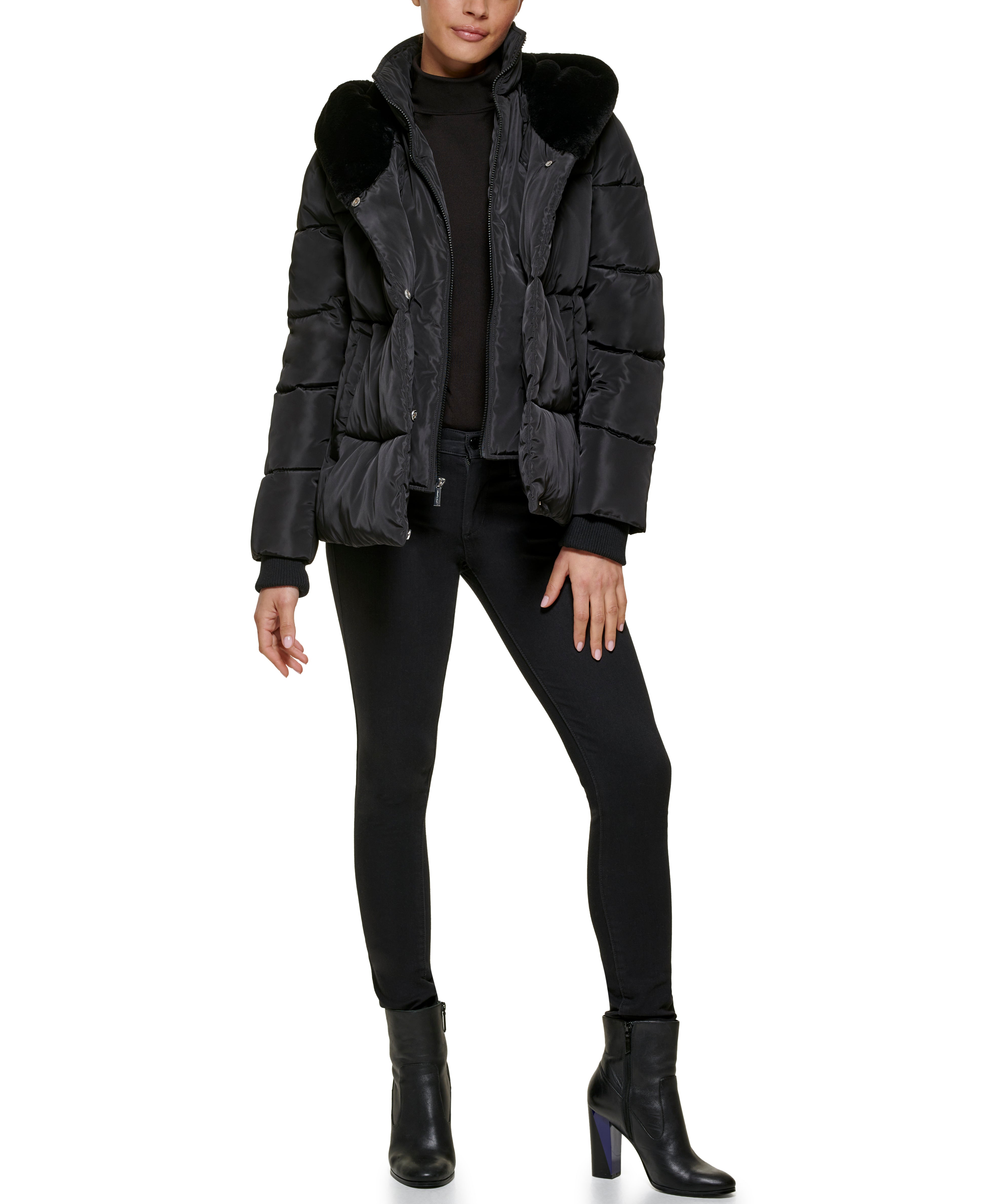 Quilted Puffer with Bib and Faux Fur Lined Hood