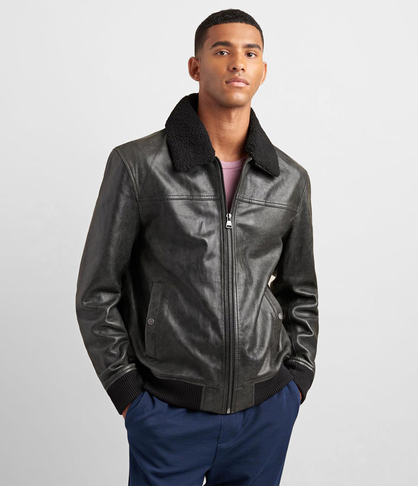 Leather Aviator Bomber With Detachable Faux Fur