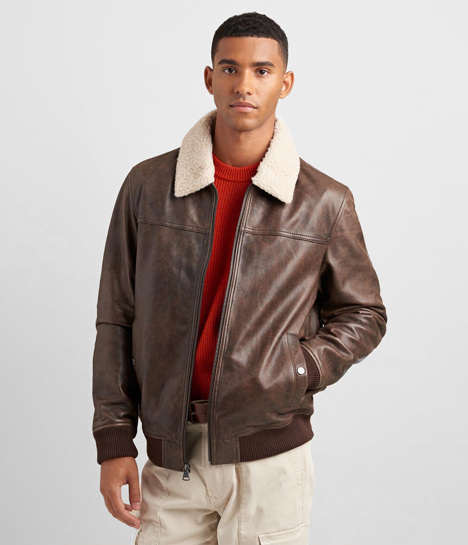 Leather Aviator Bomber With Detachable Faux Fur Wilsons Leather