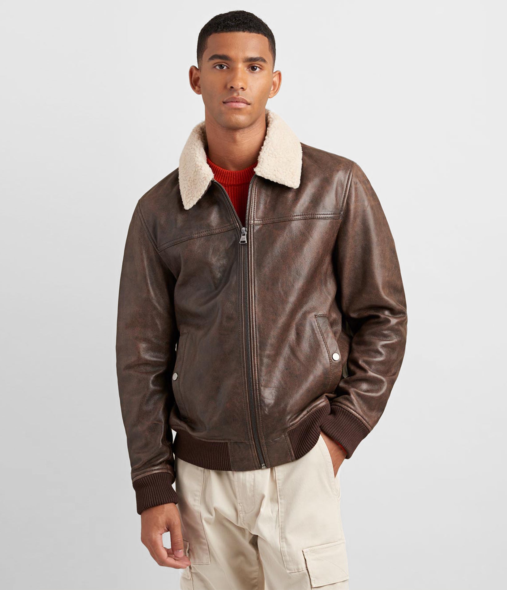 Leather Aviator Bomber With Detachable Faux Fur