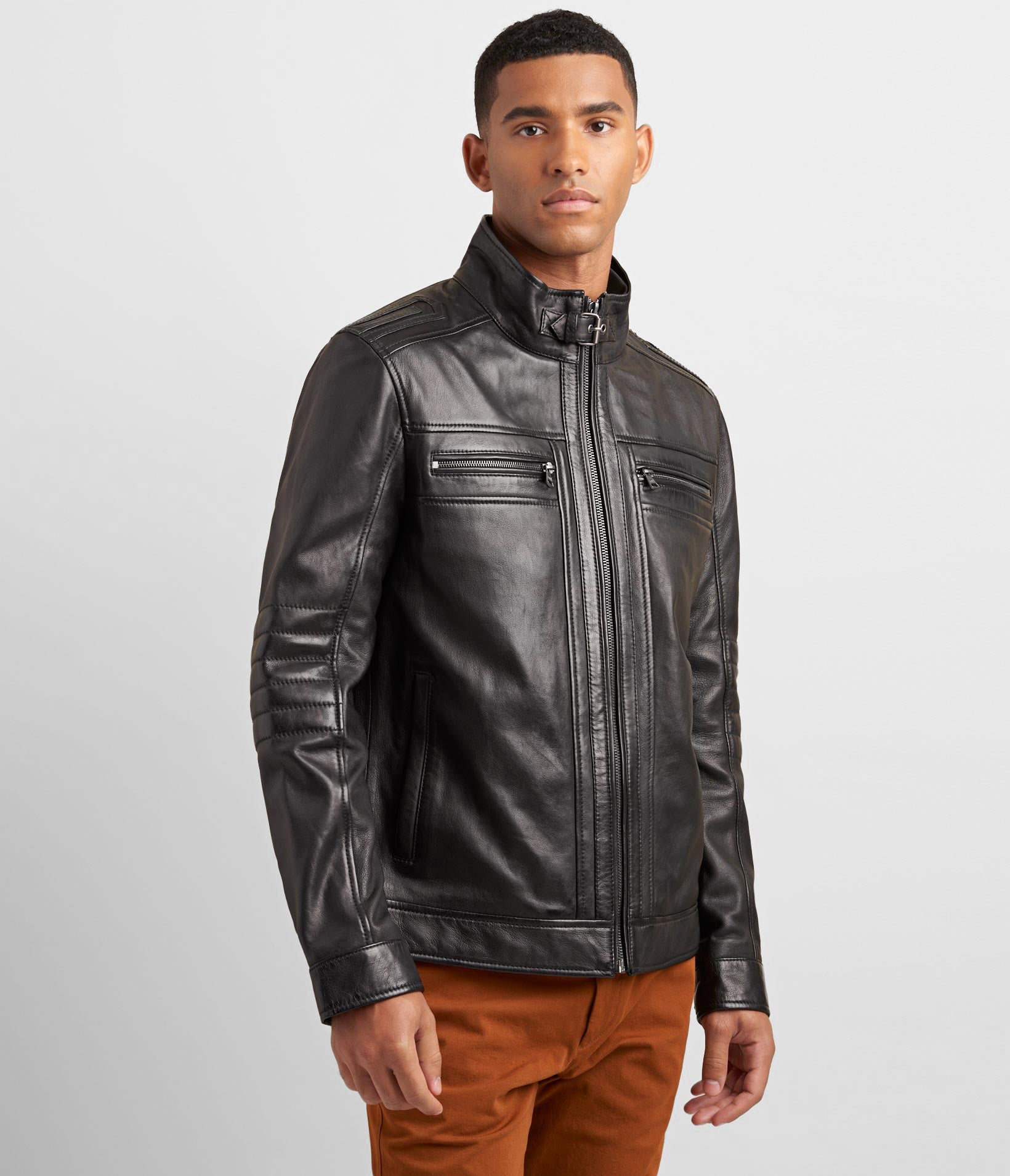 Leather Racer Jacket With Rib Knit Trim