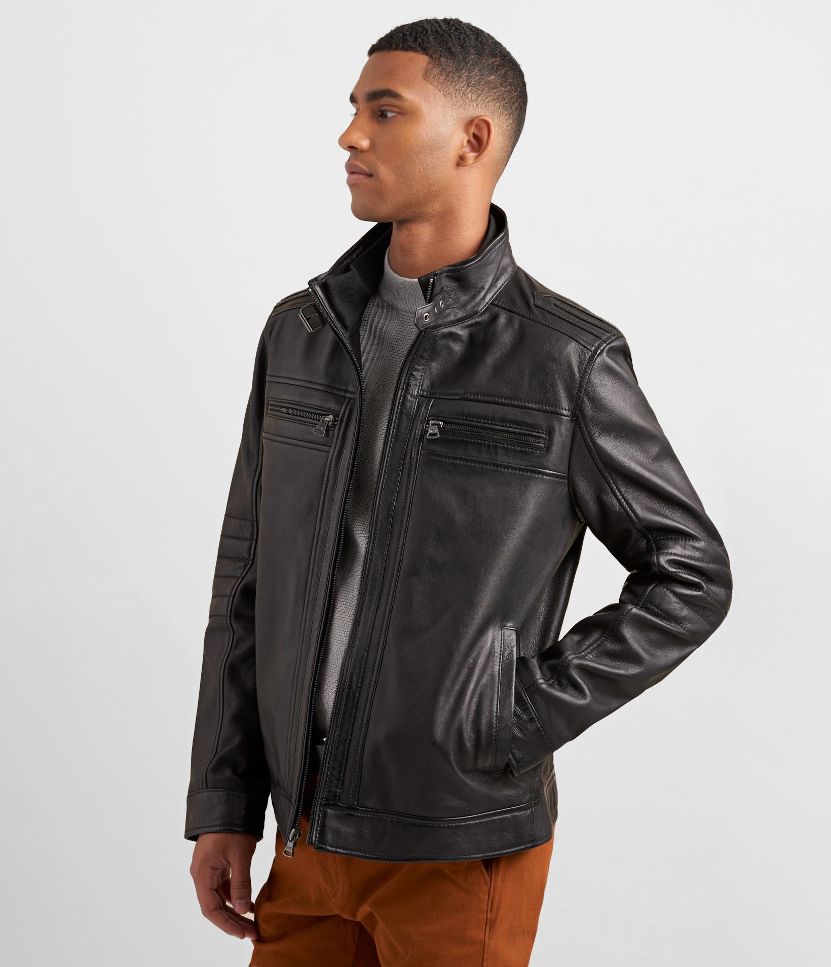 Leather Racer Jacket With Rib Knit Trim