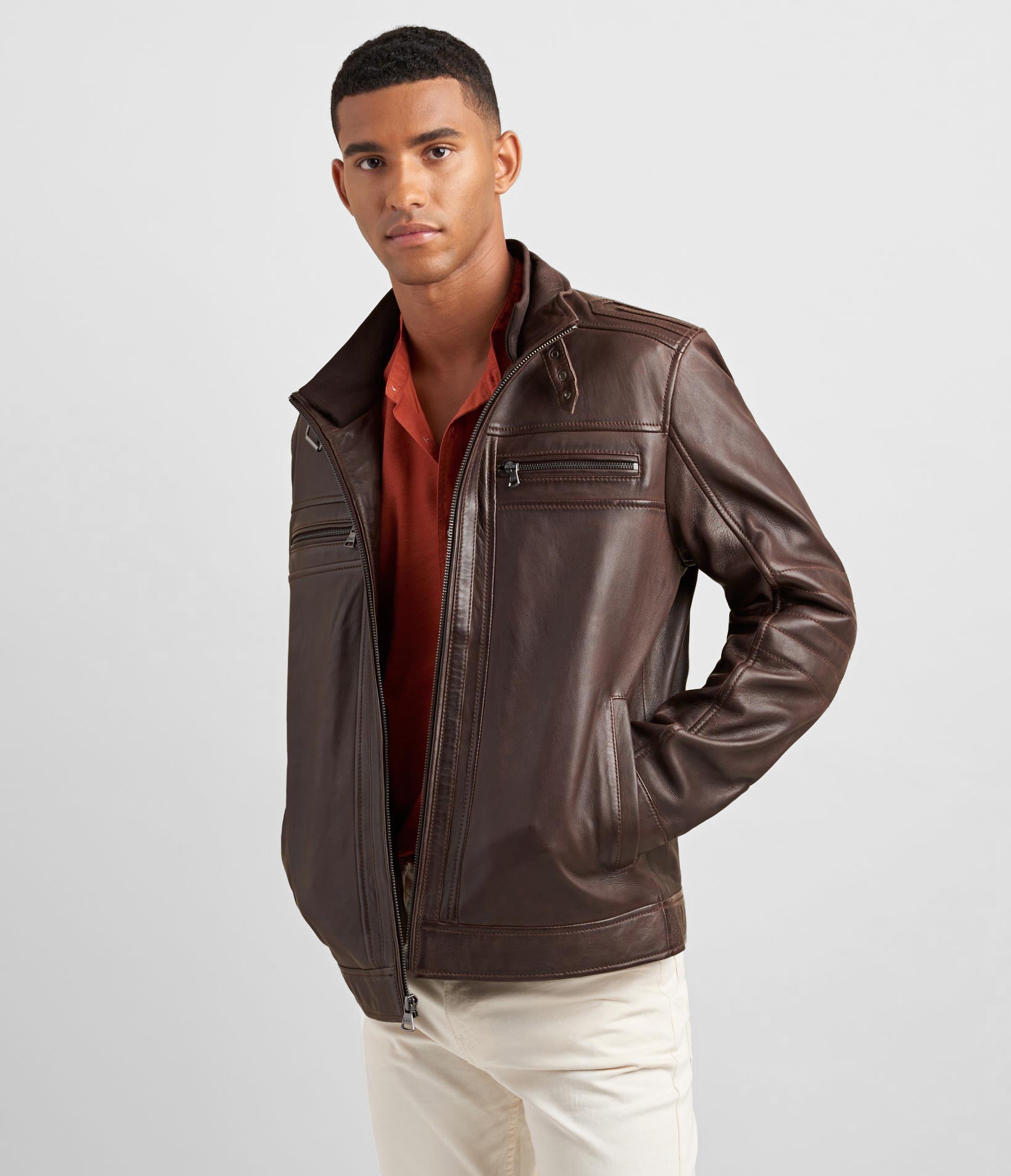 Leather Racer Jacket With Rib Knit Trim