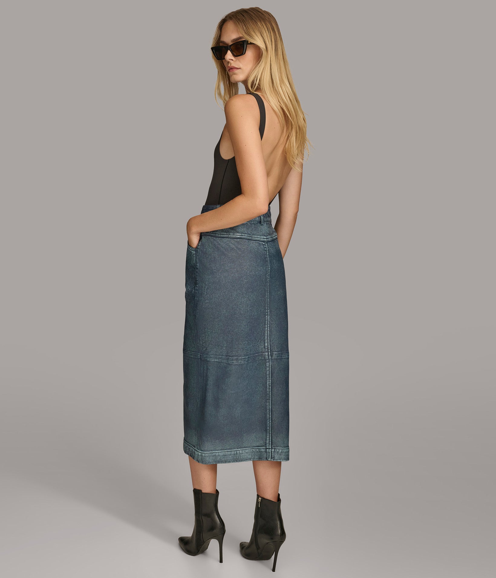 Rolled Hem Mid Length Denim Skirt