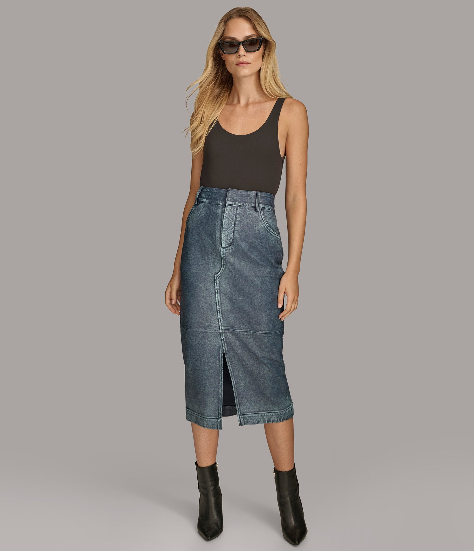 Rolled Hem Mid Length Denim Skirt