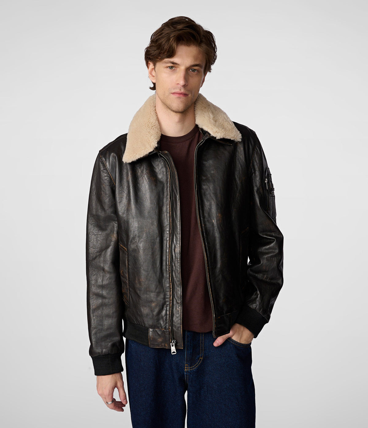 Jimmy Leather Aviator Bomber Jacket With Shearling Collar | Wilsons Leather