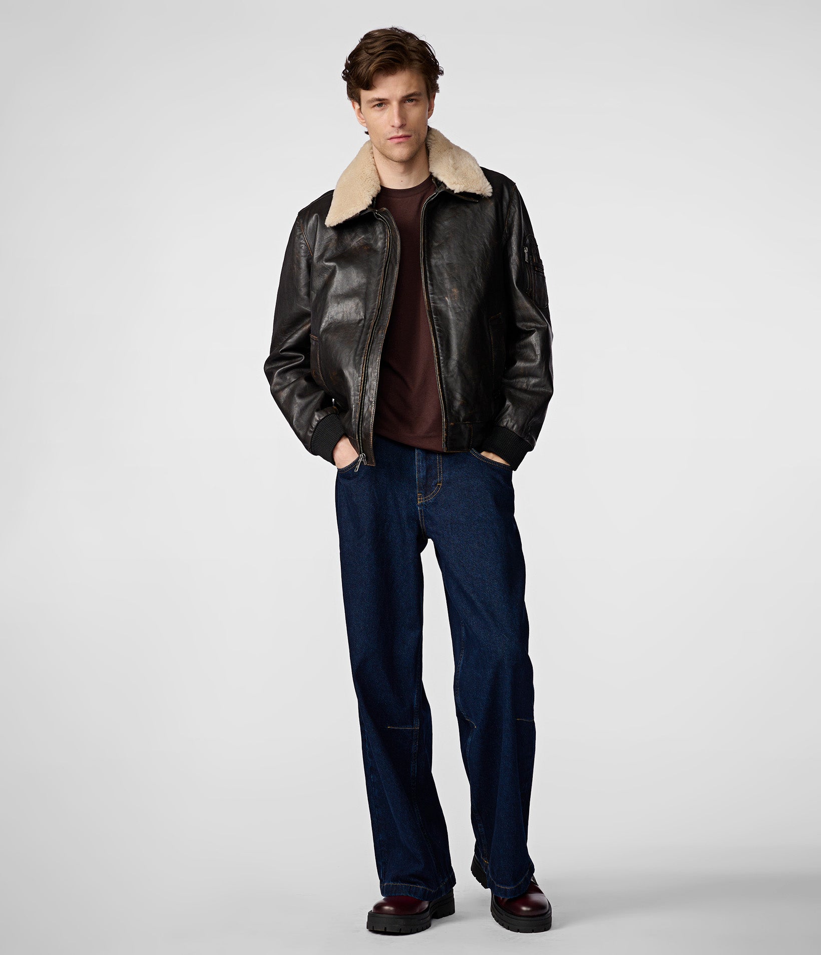 Jimmy Leather Aviator Bomber Jacket With Shearling Collar