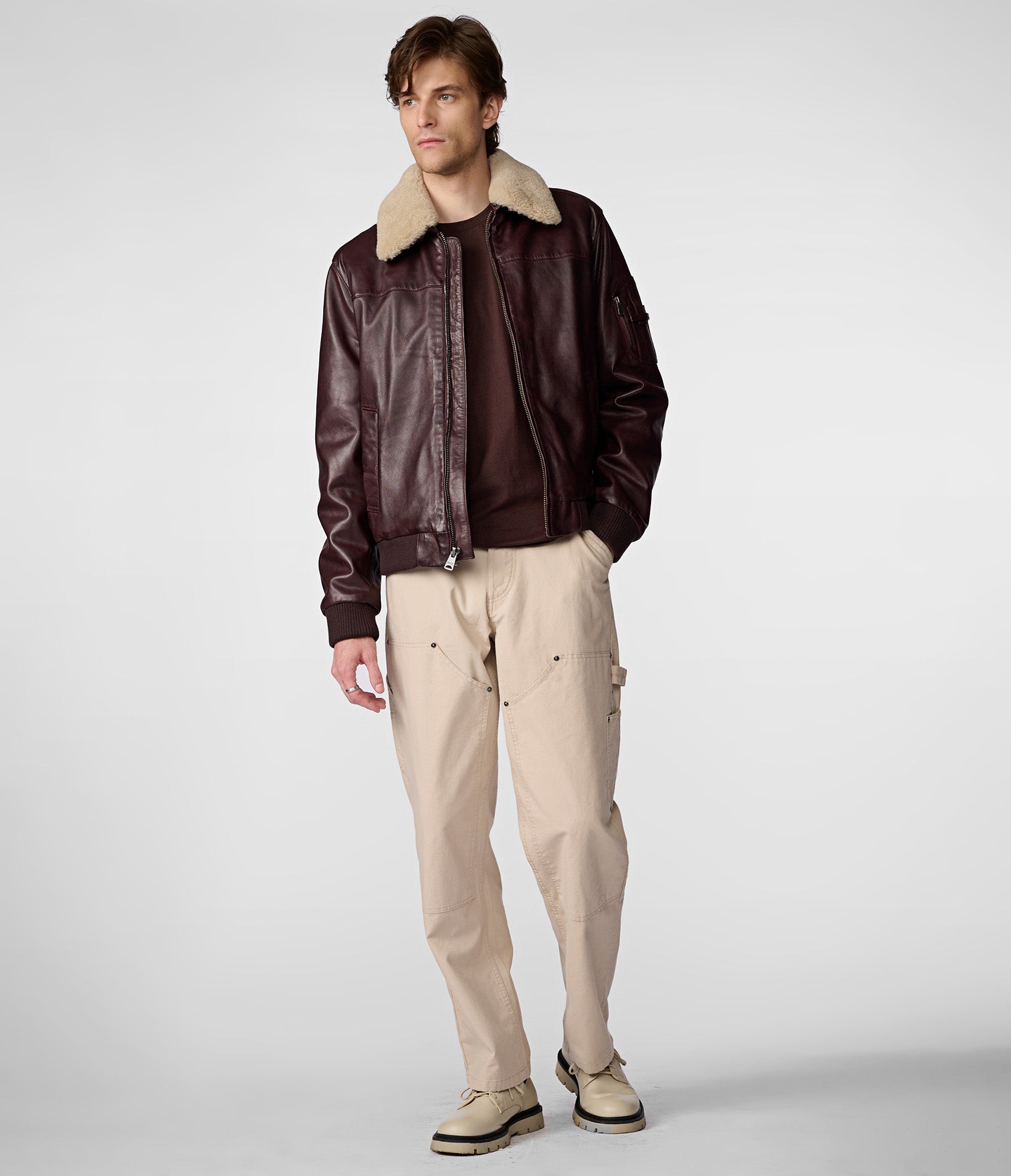 Jimmy Leather Aviator Bomber Jacket With Shearling Collar