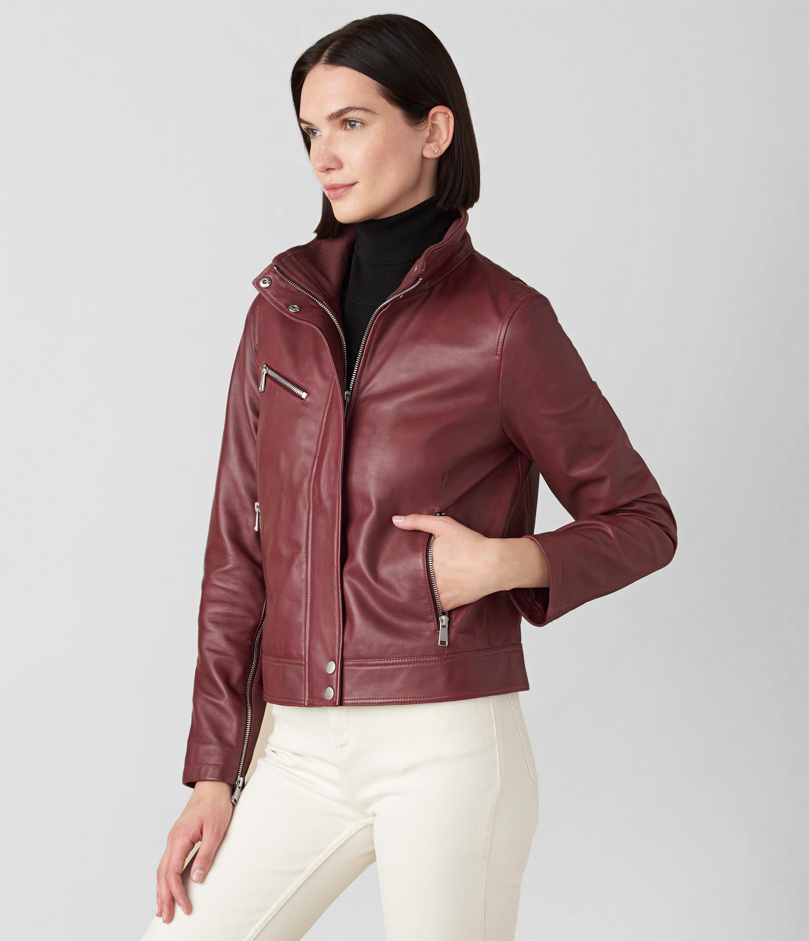 Olivia Genuine Leather Jacket With Stand Collar