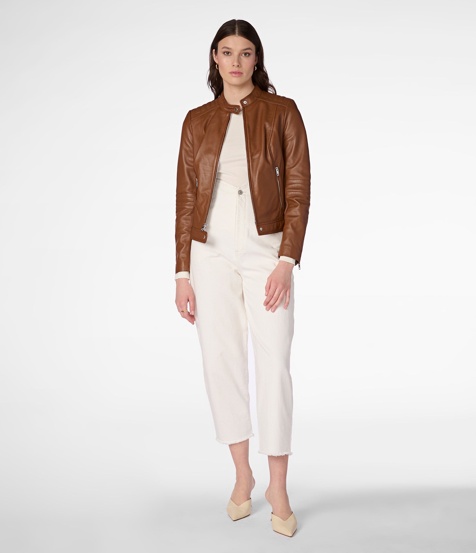 Emma Genuine Leather Jacket With Shoulder Detail