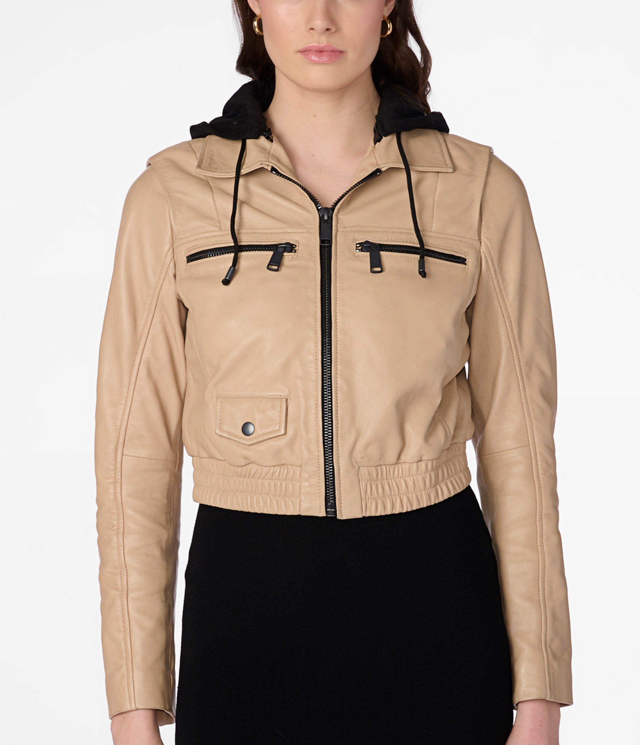 Leather hooded bomber jacket best sale